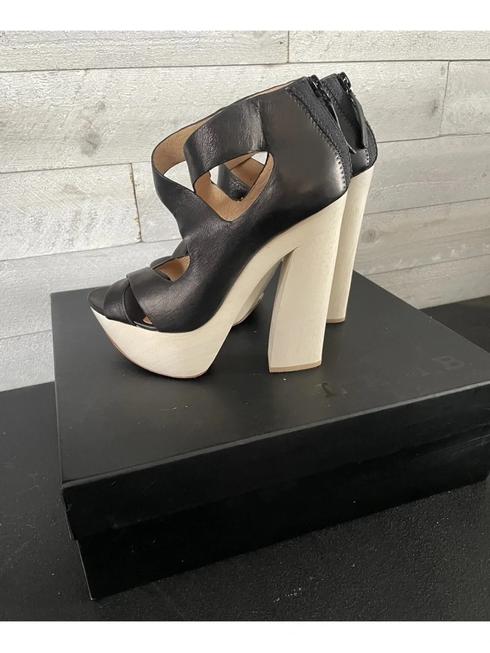 LAMB Black Leather Crisscross Platform Sandals with Cream Platform